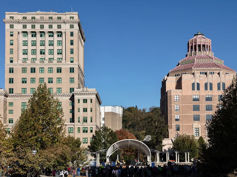 Buncombe County Courthouse and Asheville City Hall above Pack Square Park in downtown Asheville
